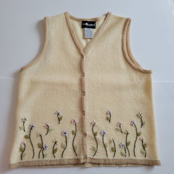 Sag Harbor Petite Wool Floral Embroidered Button-Up Vest Beige L - Picture 1 of 7